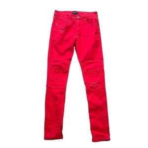 Mad Blue Biker Slim Fit Tapered Leg Distressed Jeans Size 30 Moto Grunge Red